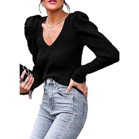 Women's Embellished Puff Sleeve Sweater - Picture 2 of 16